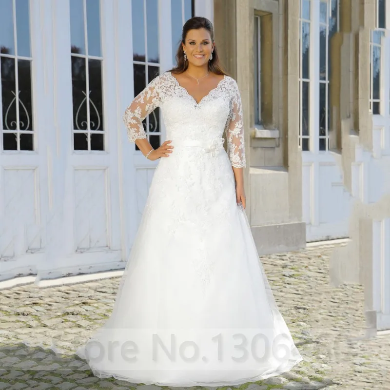 

3/4 Sleeve Plus Size Sexy V Neck Custom Made Wedding Dress For Women Appliques Lace Up Back Bride Dress vestido de noiva 2019