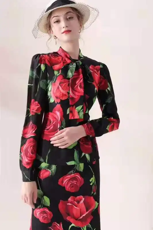 Весеннее и осеннее элегантное женское платье с воротником в стиле Питера Пэна и пуговицами в полоску с принтом розы