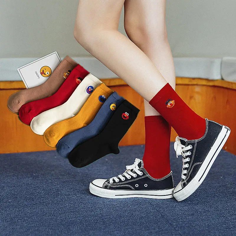 

2019 Cartoon Sesame Street Big Bird Socks Cookie Monster Elmo Novelty Funny Women Sock Cute Happy Yellow Skarpety Korean Socks