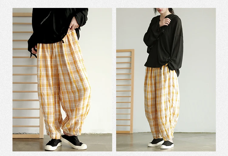 Autumn Woman Cotton Linen Pants New Big Size Plaid Loose Elastic Waist Vintage Casual Women Trousers YoYiKamomo