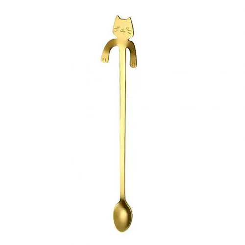 Titanium Golden Long Мини Мультяшные ложки для кошек из нержавеющей стали для кофе, чая, десерта, смешивания напитков, ложка для молочного коктейля, набор посуды, кухонные принадлежности - Цвет: Titanium Golden Long