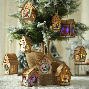 

1pcs 2019 Christmas new wooden decoration cabin light with lights pendant Christmas tree ornaments DIY small house scene layout