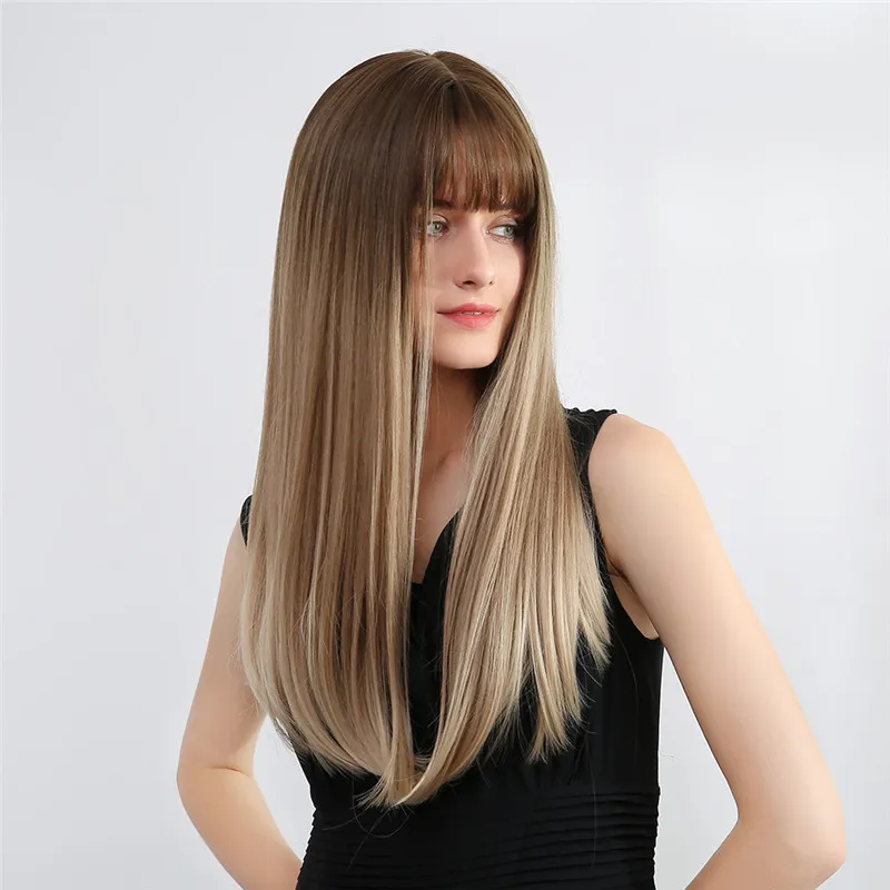 

24in Women Long Straight Wigs with Bangs Ombre Synthetic Hair Realistic Simulation Scalp Wig WH998