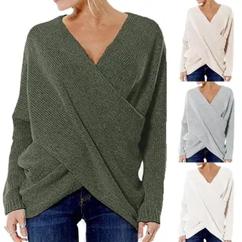 

Hot Solid Color Women Fashion V Neck Cross Front Irregular Hem Sweater Loose Jumper Cross Front All-match Loose Bohemian Knitted