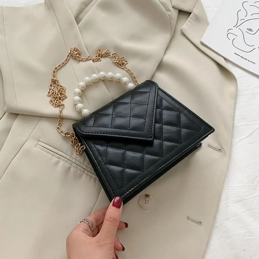 Women Lattice Pattern Shoulder Bag Pearl Handle Solid PU Chain Messenger Handbag Youth Ladies Simple Versatile Bag