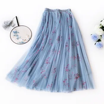 

2020 Elegant High Waist Women Summer Two Layer Mesh Long Skirts Saia Floral Print Women Boho Skirt Blue Faldas Jupe Femme