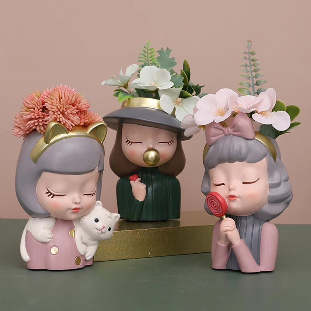 Flower Pot Resin Cute Girl Succulent Vase Succuletn Pot Pen Holder Flower Pot Bonsai for Home Tabletop Decoration