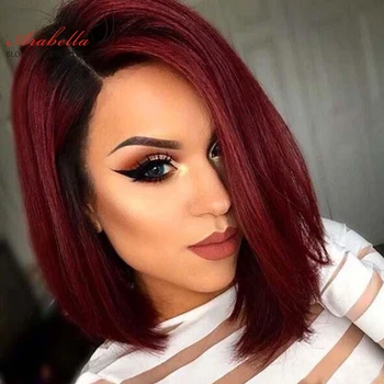

1B/99J Straight 13x4 Bob Wig 100% Human Hair Wigs 180% Density Arabella Remy Hair Wigs PrePlucked Ombre Lace Front Wig Short Bob