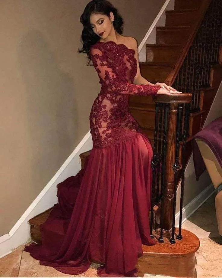 

2019 New One Long Sleeve Prom Dresses with Lace Applique Chiffon Sweep Mermiad Evening Party Formal Gowns