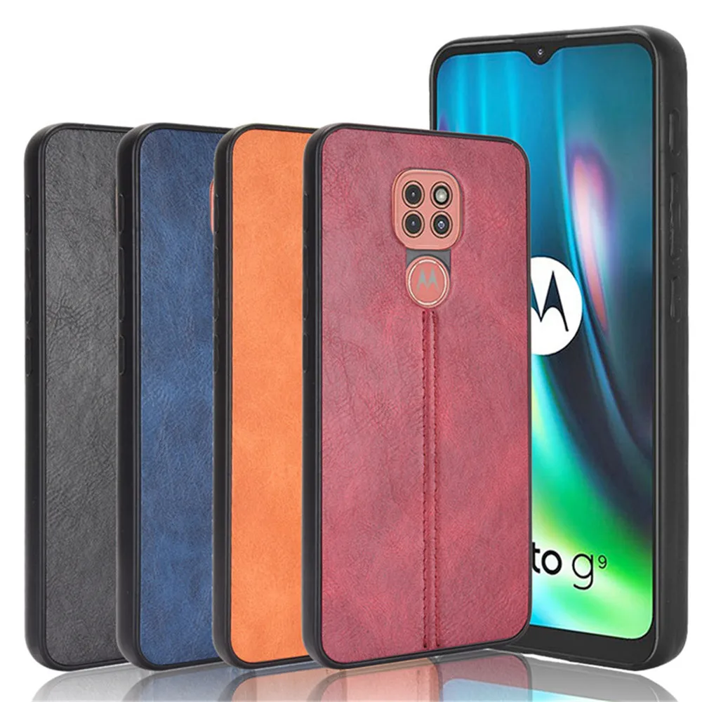 For Motorola Moto G9 Play Case Luxury Calfskin PU Leather lines