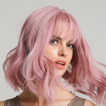 

MANWEI Pink Wigs with Bangs Water Wave Heat Resistant Wavy Hair Synthetic Wig for Women African American Lolita Cosplay