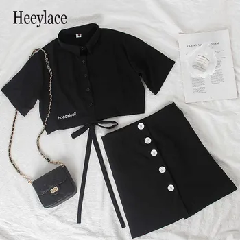

2 Piece Set Women Korean Embroidered Short Design Shirt Top High Waist Skirt Sexy Streetwear Summer Women Suit 2020