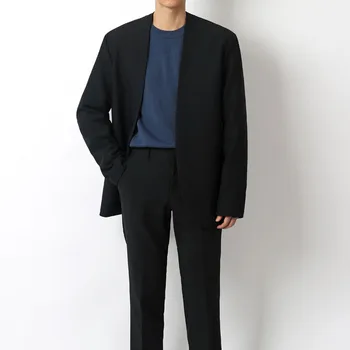 

Male Women Japan Korea Streetwear Retro Fashion Blazer Jacket Cardigan Outerwear Men No Button Casual Suit Coat