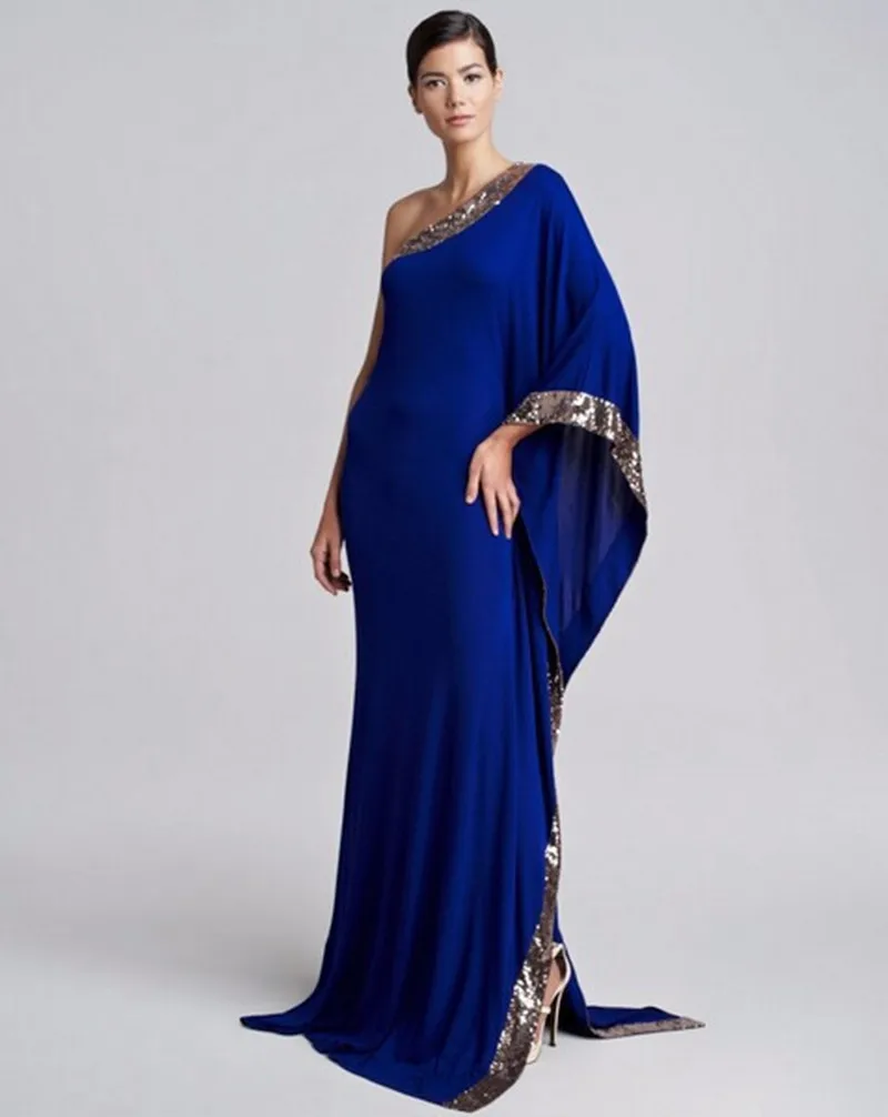 

Long Dress Party Evening Elegant 2016 Arabian Design One-Shoulder Blue Prom Dress Sequined One Full Sleeve Evening Dresses