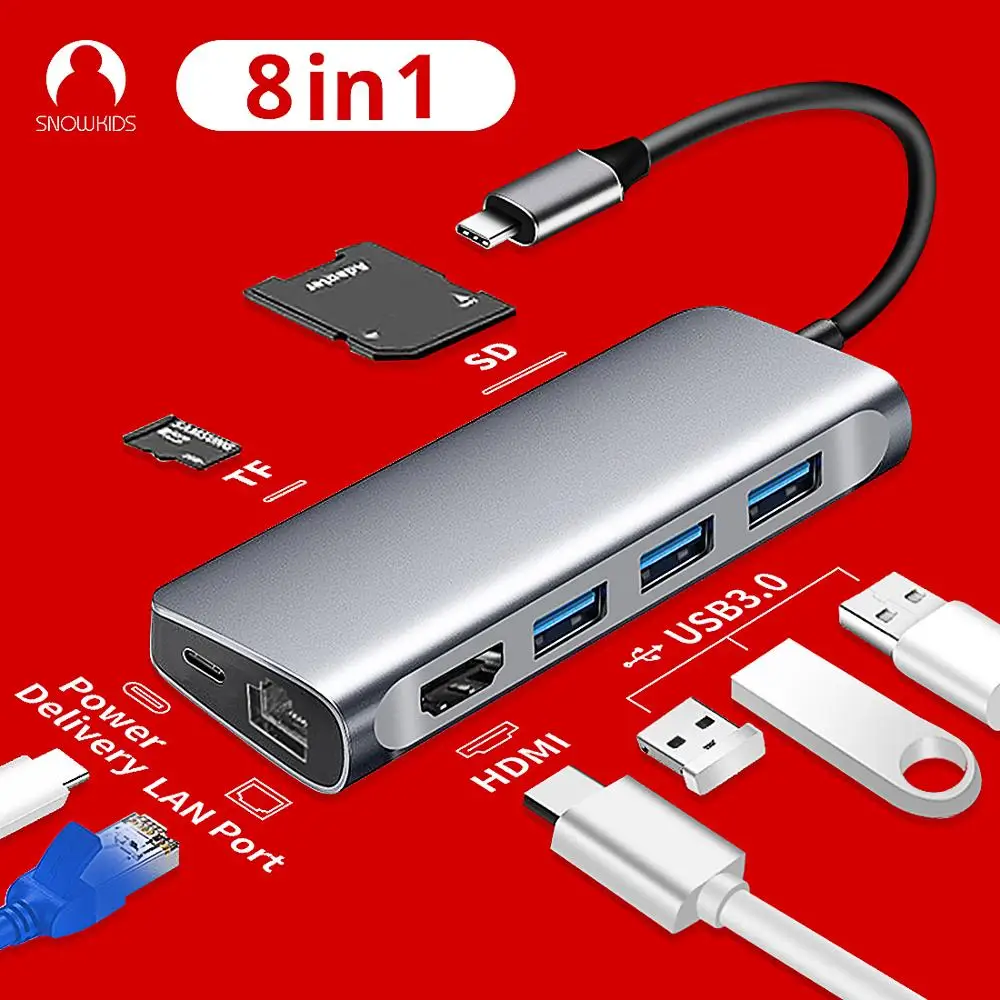 Snowkids Type C Docking Station for Laptop Smart Phone 8 in 1 PD LAN HDMI USB3.0 SD TF Port Expansion Huawei MateBook 13