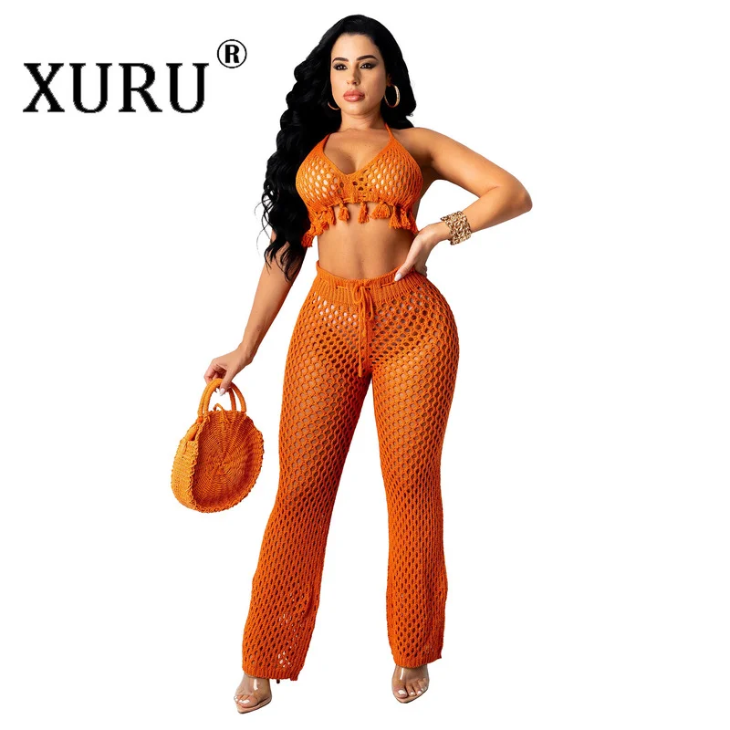 

XURU European and American Women's Sexy Jumpsuit Two-piece Knitted Mesh Hollow Woolen Jumpsuit