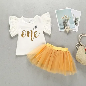 

Summer Baby Girl Letter Printed Flare Sleeve T-Shirt Net Gown Puffy Skirt Set 2PC Infant Cute Clothes Suit