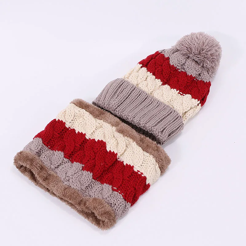 Женские шапки Skullies, вязаное кольцо для шляпы, шарф, комплект, зимние уличные теплые шапки с подкладкой, толстые уши, защитные шляпы, одноцветные шапочки