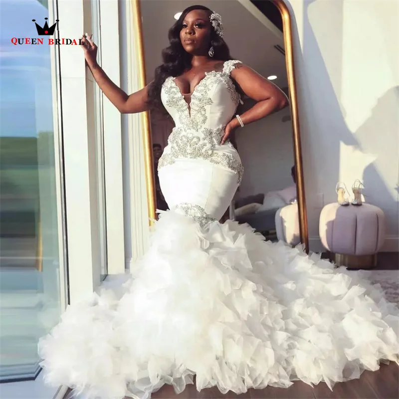 

Luxury Mermaid Wedding Dresses Long Ruffle Train Tulle Crystal Beaded Pearls Formal Sexy Bridal Gowns Custom Size SK37