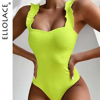 

Ellolace Ruffled Bikini 2020 Neon Green Swimwear Ribbed Women's Swimsuits Bodycon Femlae Bathing Suit Vocation Summer Bathers