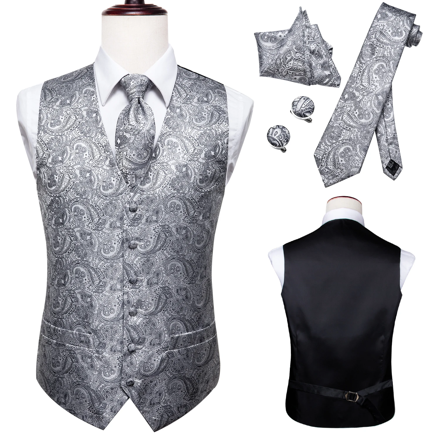 Hi-Tie Silk-Chaleco cómodo para hombre, vestidos formales para fiesta de boda, chaleco Floral de plata de lujo y corbata, conjunto de traje