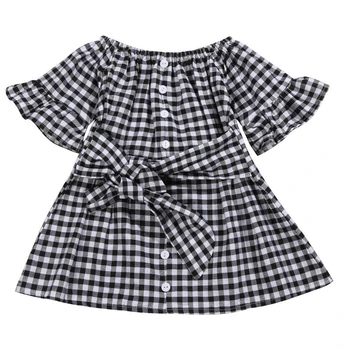 

Pudcoco Summer Sundress Kids Baby Girl Off Shoulder Plaid Dress Party Clothes Toddler Short Flare Sleeve Butterfly Knot Dress