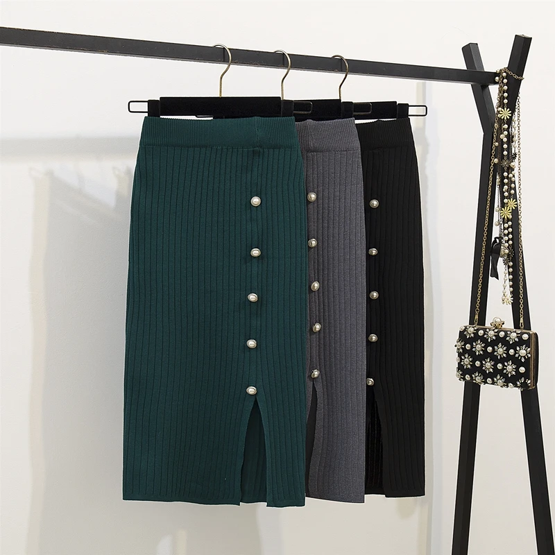 

TingYiLi Autumn Knitted Skirt Button Front Slit Pencil Skirt Black Gray Green Korean Slim Fit Bodycon Knee Length Skirts Womens