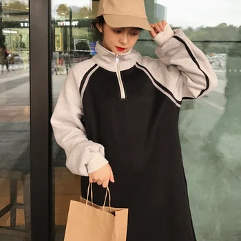 

Winter Women Color Patchwork Dresses Ladies Straight Thick Dress Korean Style Fashion Chic Turtleneck Long Sleeve Dress For Girl