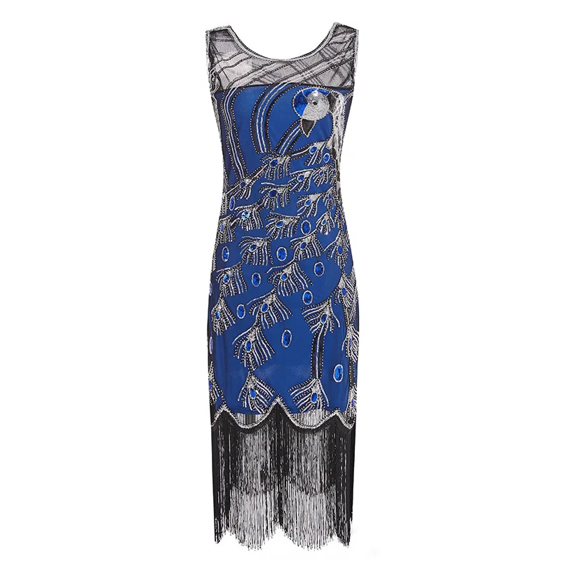 1920s винтажное платье с павлином и блестками, с бахромой, вечерние, Украшенные бусинами, платье Грейт Гэтсби/комплект аксессуаров(S-XXXL - Цвет: Blue dress