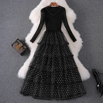 

Elegant Lady Ruffle Layered Cake Evening Prom Party Dresses Women 2019 Runway Fashion Autumn Dot Print Beading Black Sexy Mid Ca