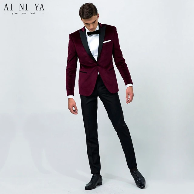 Traje Formal de boda para hombre, esmoquin hecho a medida, chaqueta roja  vino, pantalones negros, trajes de negocios, 2020 _ - AliExpress Mobile