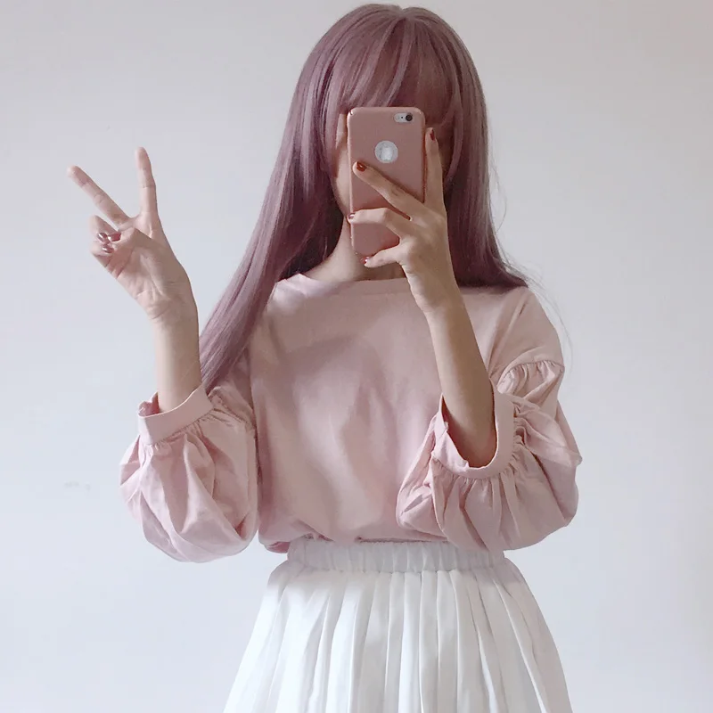 Loose Korean O-Neck Student Solid Base Tee Shirt Women 2020 Autumn New Vintage Cute Long Sleeves T Shirts Female All-Match Tops