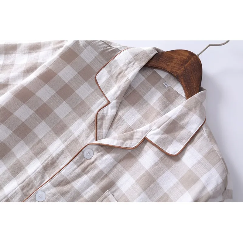 Summer New Plus size Men Casual Plaid Pajama sets Male 100%Cotton Sleepwear suit Men's Turn-Down collar shirt& Half Pants