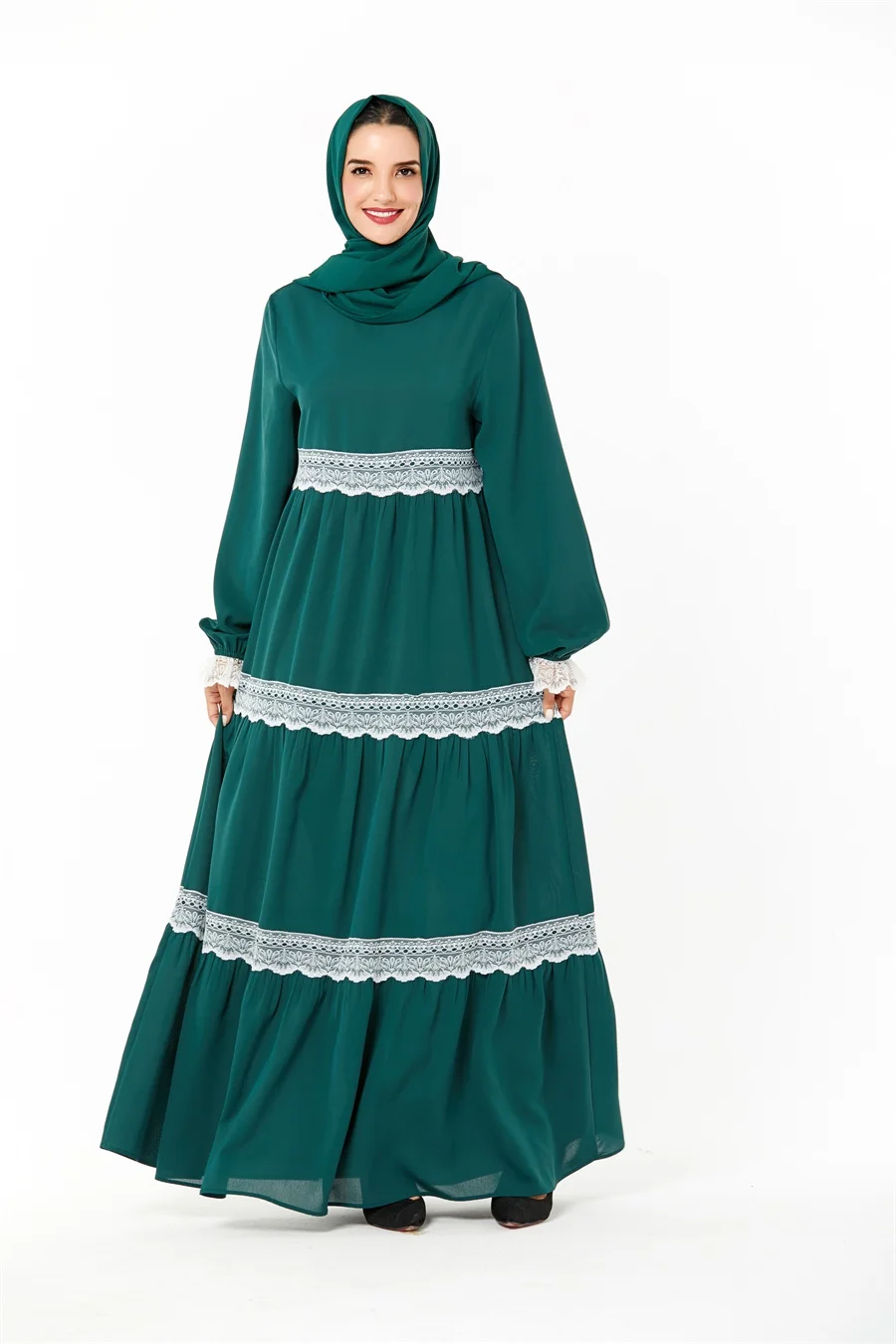 Siskakia элегантное арабское длинное платье шикарное кружевное лоскутное платье трапециевидной формы Макси Свинг мусульманская одежда темно-зеленая осенняя одежда Исламская