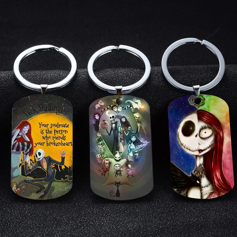 

Jack Sally Scary Halloween Keychain Stainless Steel Nightmare Before Christmas Engraved Jewelry Gifts