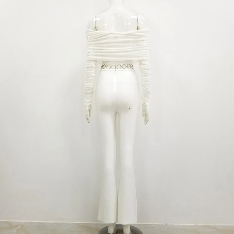 CHICEVER Ruched Mesh Женские Комбинезоны с открытыми плечами с длинным рукавом Туника с высокой талией сексуальный комбинезон с широкими штанинами Женская мода Новинка
