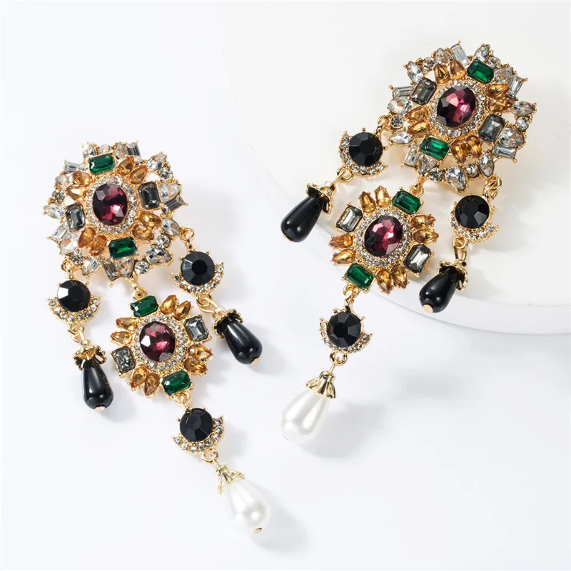 

Pauli Manfi Earings Fashion Jewelry 2019 European Exaggerated Metal Rhinestone Imitation Pearl Women Retro Pop Earring Bohemian