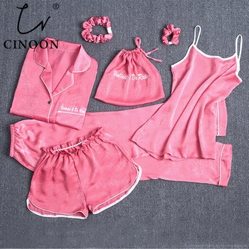 

CINOON Women's Sexy Nightwear Sets Female 7 Pieces Pajamas Sets Silk Pyjama Lady Homewear Soft Sweet Sleepwear Sleep Suits