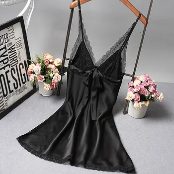 

Lace Patchwork Nightdress Female Spaghetti Strap Nightgown Satin Sleepwear Intimate Lingerie Sexy Nightwear Home Dressing Gown