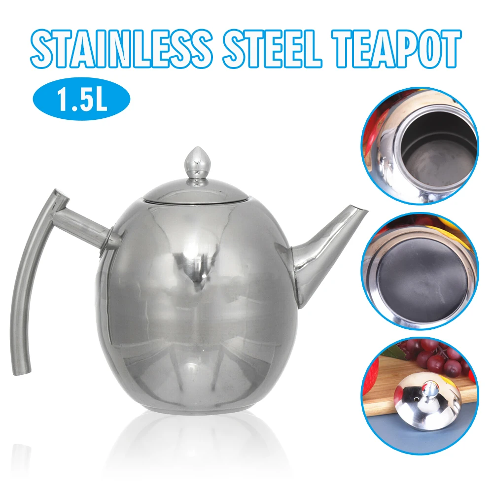 

Home 1.5L Stainless Steel Teapot Oval Olives Coffee Kettle With Strainer Multipurpose Pot Kitchen Teaware Kettle