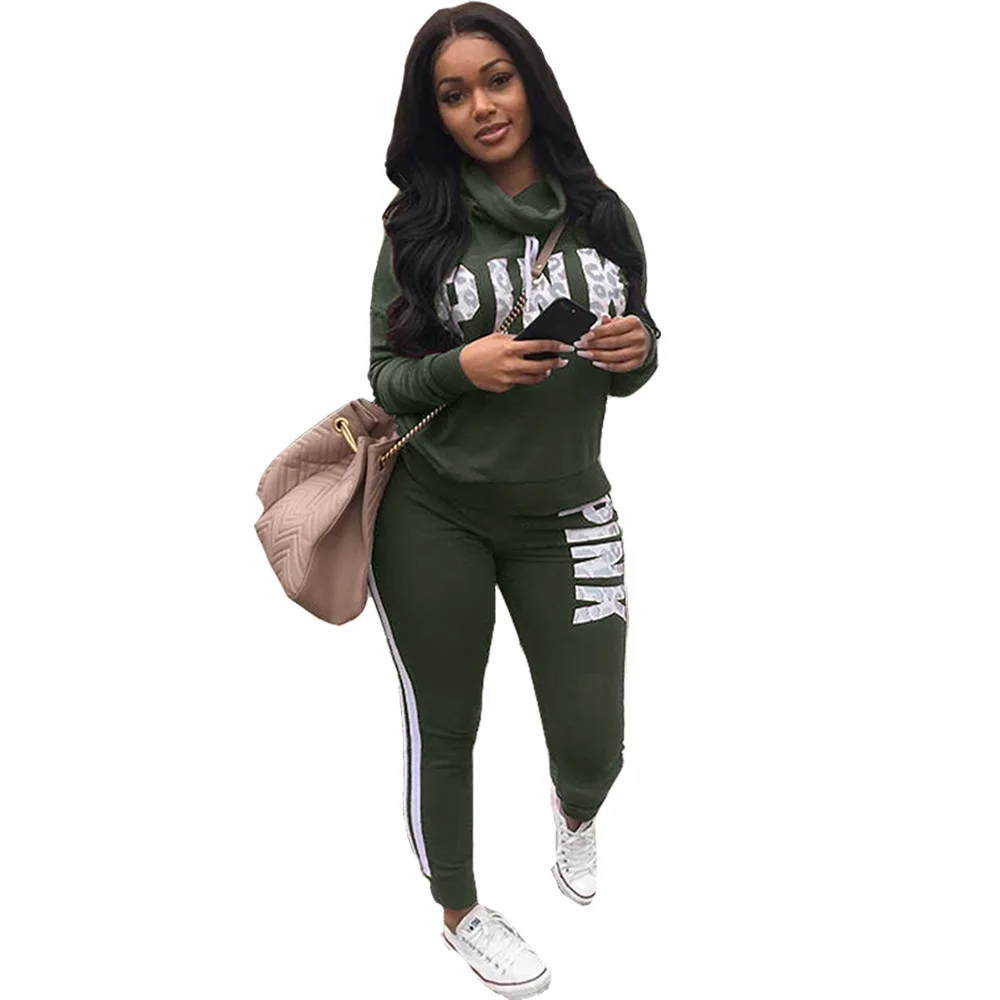 

Big Size 2019 New PINK Letter Print Two Piece Set Sportswear Tracksuit Women High Neck Sweatshirt Set Outfits