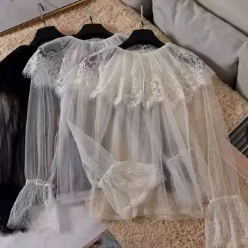 

Women Transparent Sweet Ruffles Mesh Tee Shirts Blouses Girls Full Flare Sleeve Tops Shirts Clothing For Female