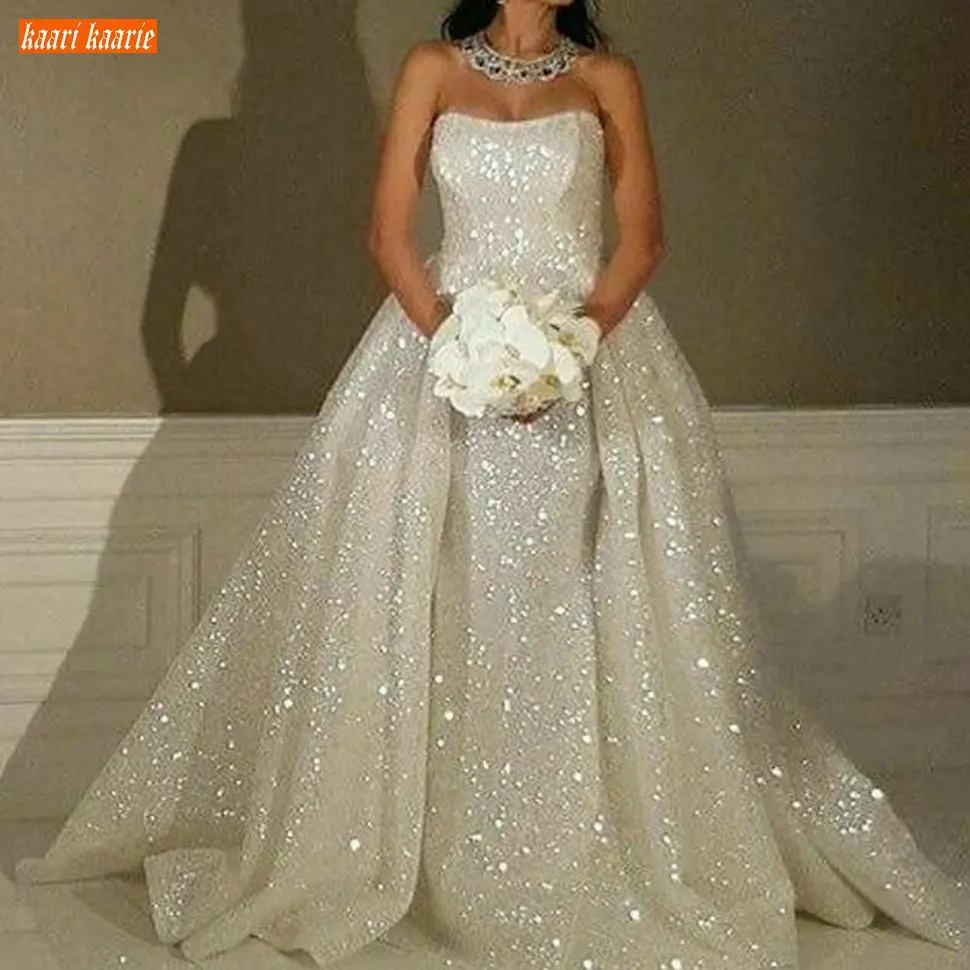 Женское блестящее свадебное платье длинное облегающее без бретелек с пайетками