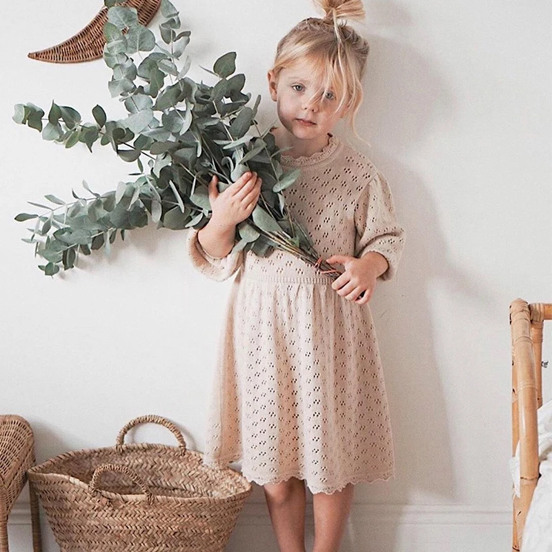 Autumn Winter Baby Girls Lovely Princess Dress Children's Hollow-out Long-Sleeved Dress Knitted Woolen
