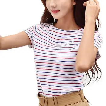 

Volocean Cotton T-Shirt Striped Classic Bottom T-Shirts For Women Colorful T Shirt Woman Plus Size Female Top Tee 5Xl