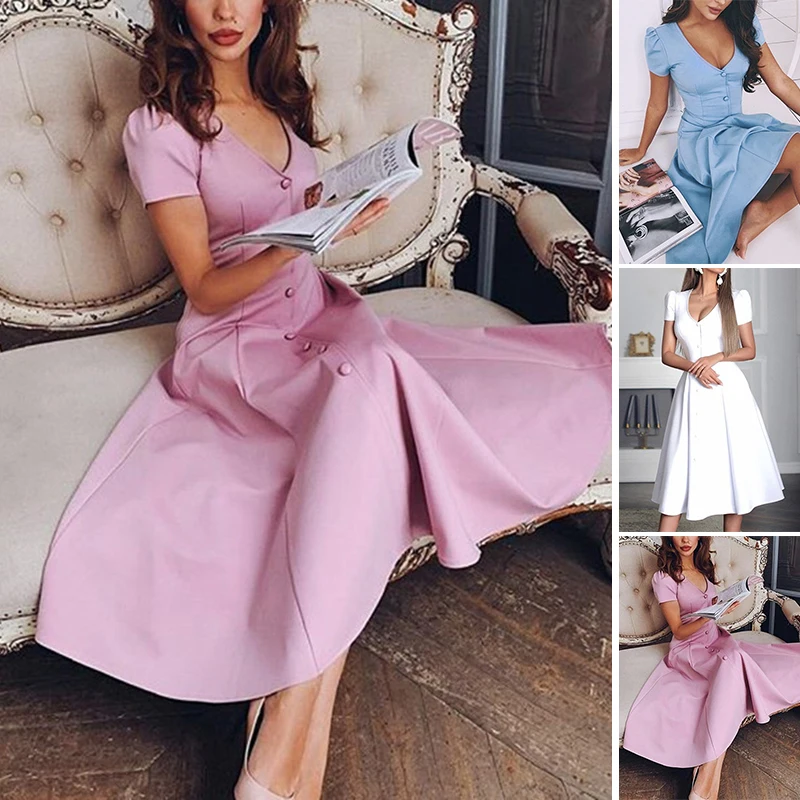 Women\\\'s Plain Dress Summer Casual Pleated Button A-Line Evening Party Wedding