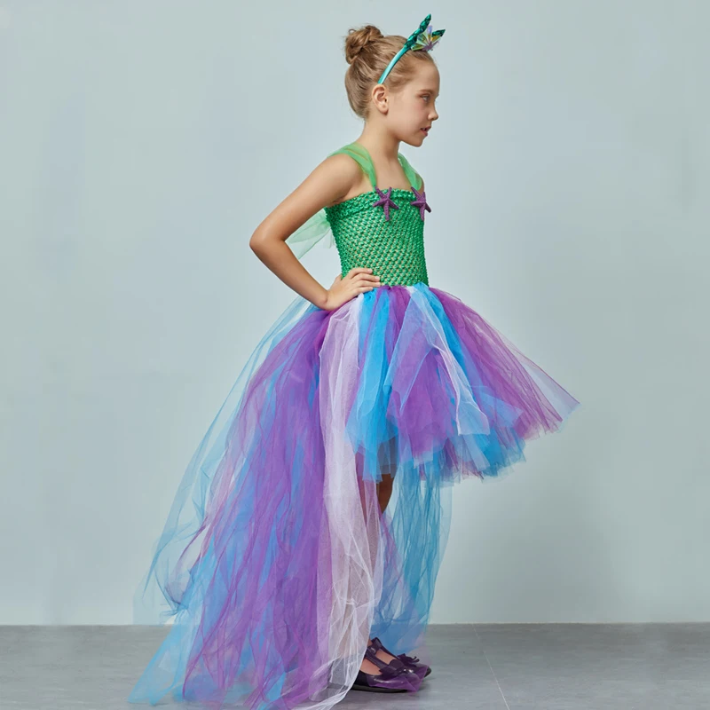 Mermaid Flower Girl Tutu Dress with Trail Kids Summer Wedding Under the Sea Birthday Couture Starfish Costume Girls Ball Gown (3)