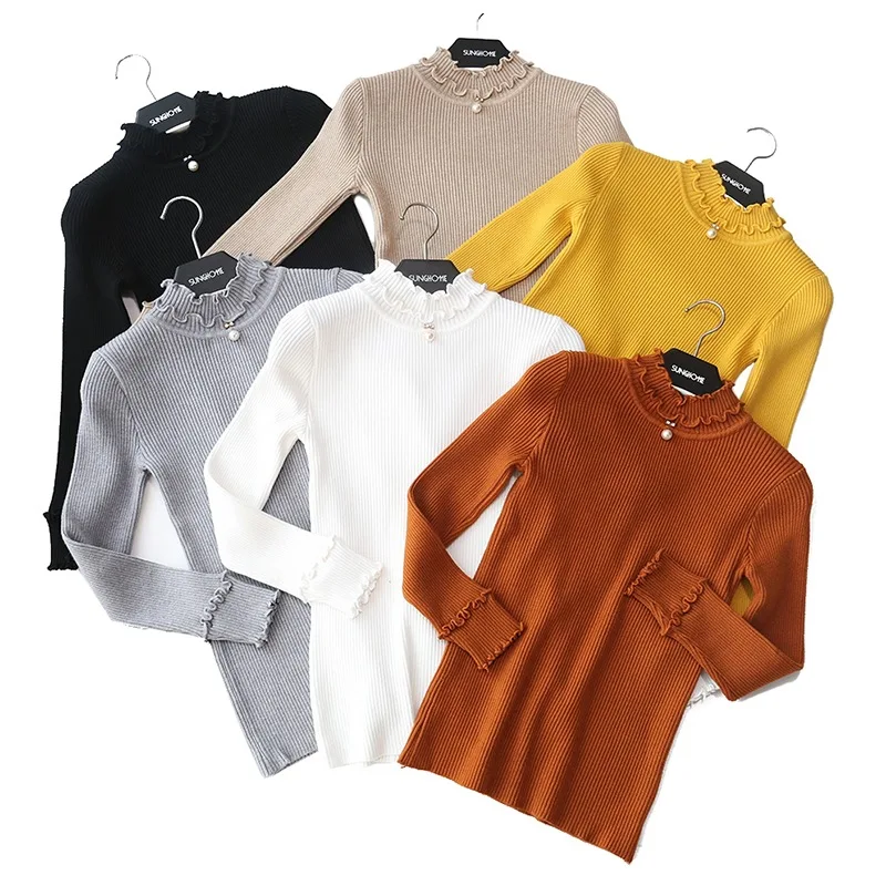 

Fdfklak Spring Autumn New Half High Neck Slim Knit Sweater With Wood Ears Women Korean Sweet Pullover Long Sleeve Top Robe Pull