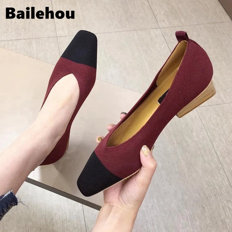 Bailehou New Female Slip On Flat Loafers Stretch Fabric Casual Flat Shoes Square Toe Shallow Ballet Flats Shoes Women Boat Shoes