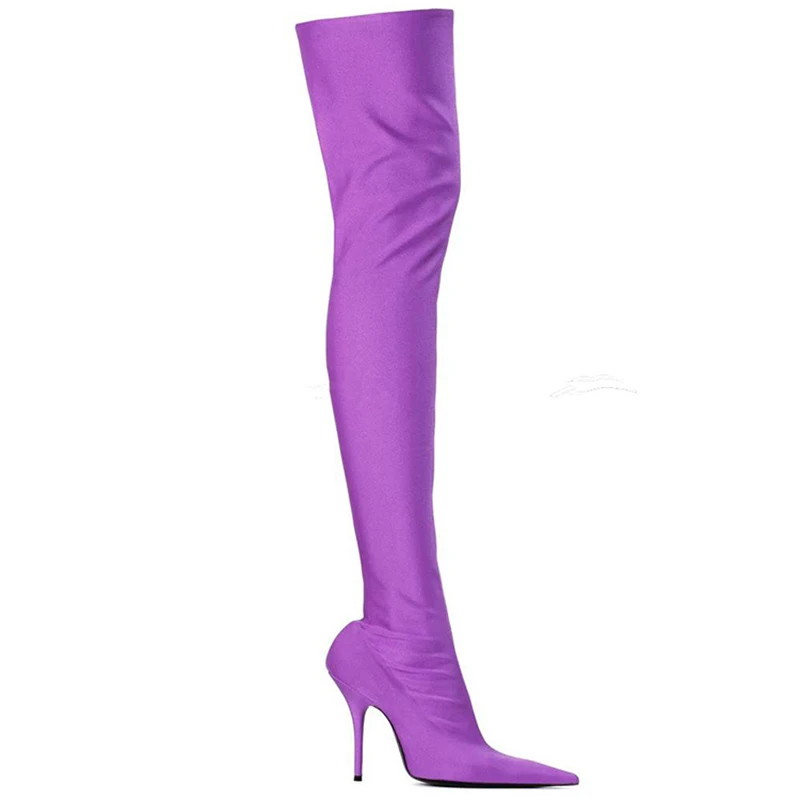Purple Модные эластичные чулки; Женские Сапоги выше колена; сезон осень-зима; обувь из эластичной ткани на тонком высоком каблуке; женские облегающие сапоги; WB1494 - Цвет: Purple